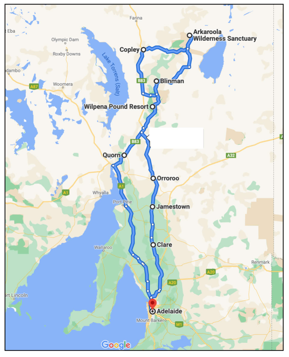 Flinders Ranges Tours from Adelaide Map 4 day tour